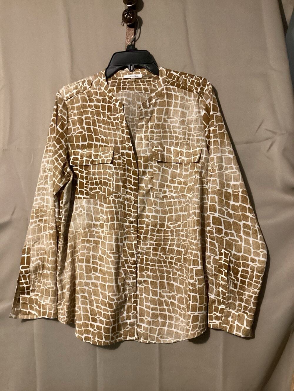 Calvin Klein Women’s Button Down Long Sleeves SZ L Giraffe Print Brown/Beige